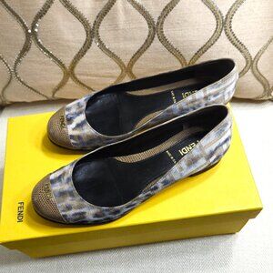 FENDI Ballerina Leopard Print Canvas and Leather Flats